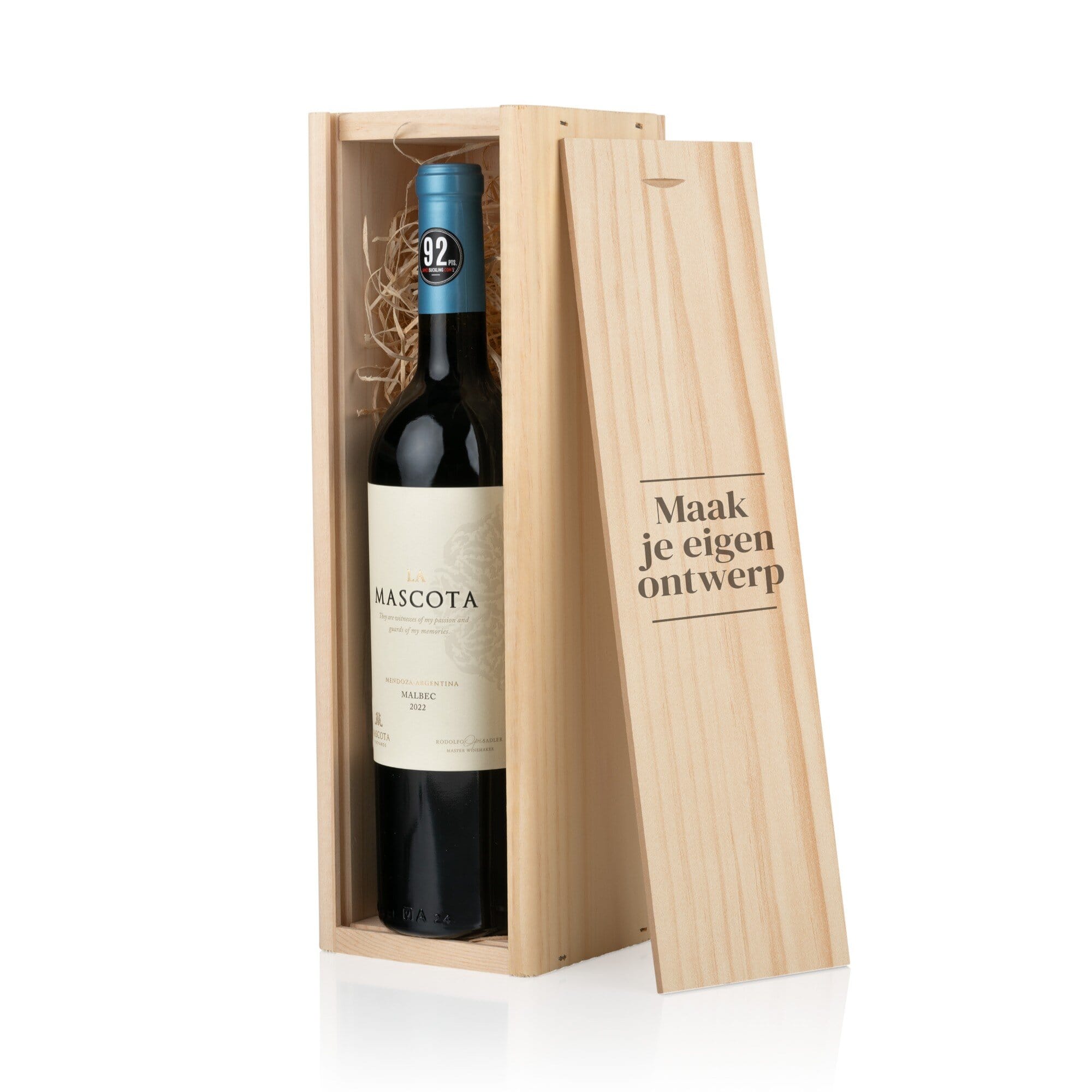 Wijnkist graveren - 1 vaks wijnkist met fles rode wijn | gegraveerde wijnkist